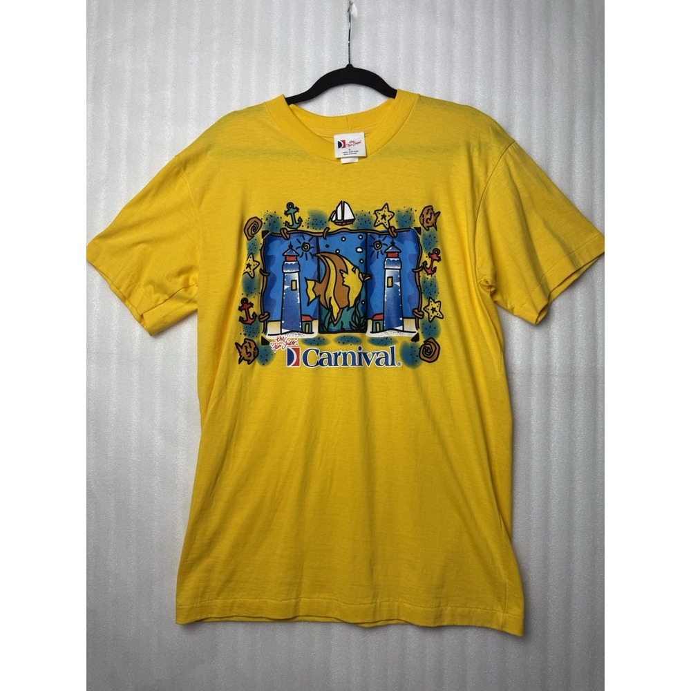VTG 90s Carnival Cruise Yellow Single Stitch T-Shirt The Fun Ships Size L Fish